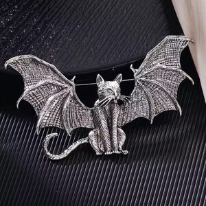 Vintage Wings Bat Cat Silver Brooch